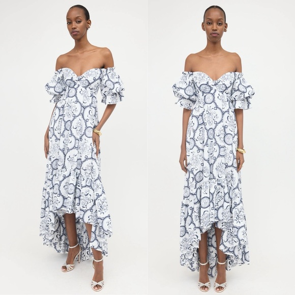 Andres Otalora Dresses & Skirts - Andres Otalora Raquira Off-Shoulder Floral Tile Maxi Dress Blue White Size 4